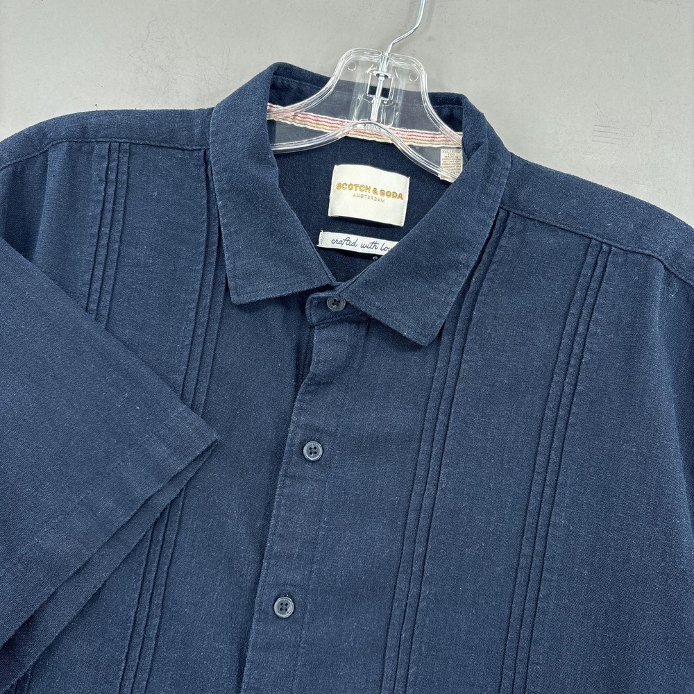 Scotch & Soda Shirt Mens 2XL Navy Linen Viscose Pintuck Button Up Short Sleeve